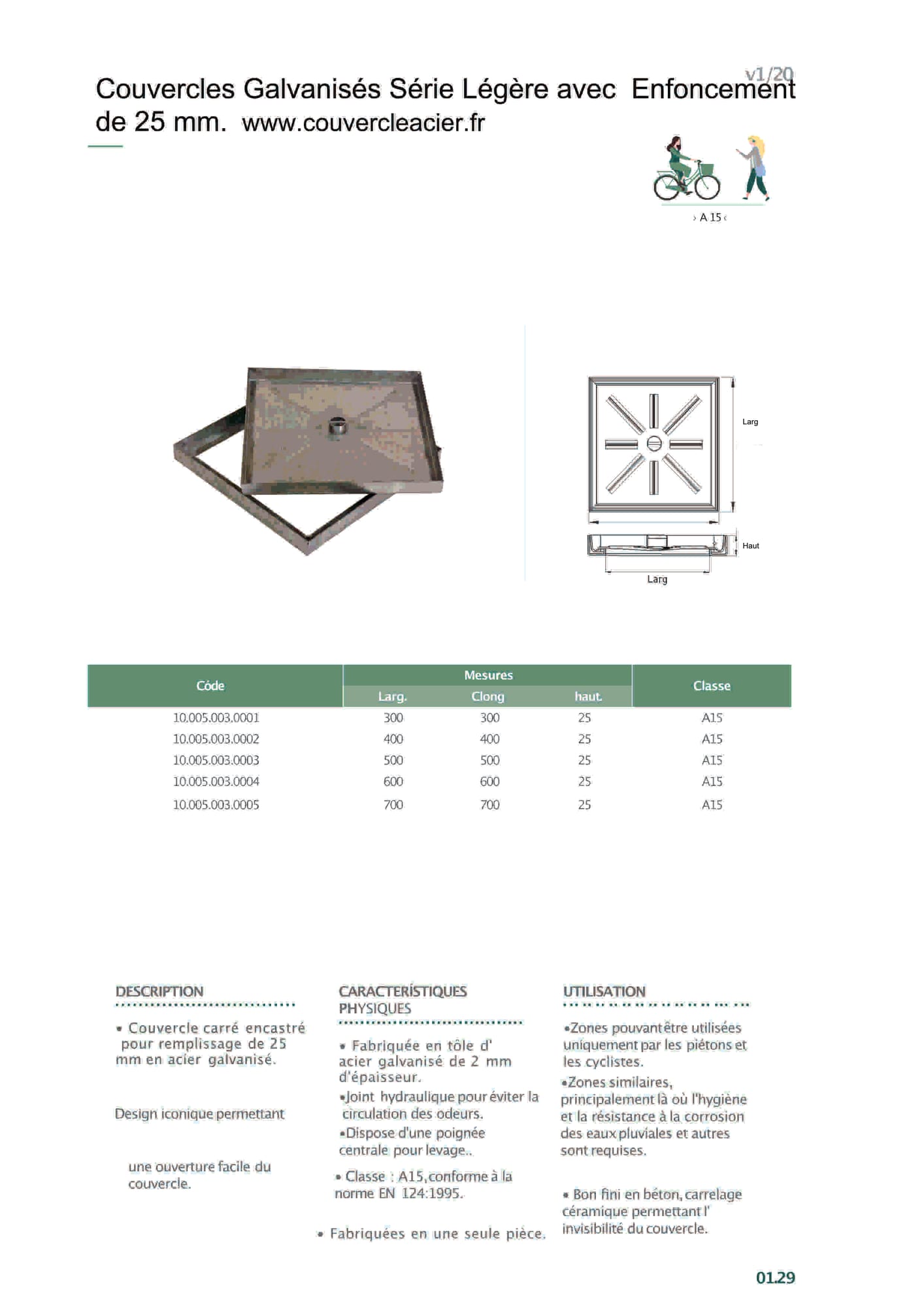 Trappe de visite en acier galvanisé A15 – 600×600 mm – spéciale piétons et cyclistes